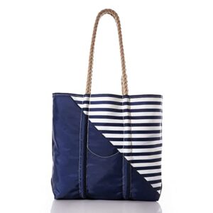 Sea Bags Recycled Sail Cloth Breton Stripe White Anchor Medium Tote Travel Tote Bag, Carry On Bag, Tote Bag for Work Rope Handles