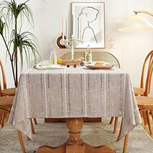 chassic rustic farmhouse style hemstitched embroidered linen tablecloth, wrinkle resistant washable dining room tablecloths for rectangle tables, 60 x 84 inches – light coffee