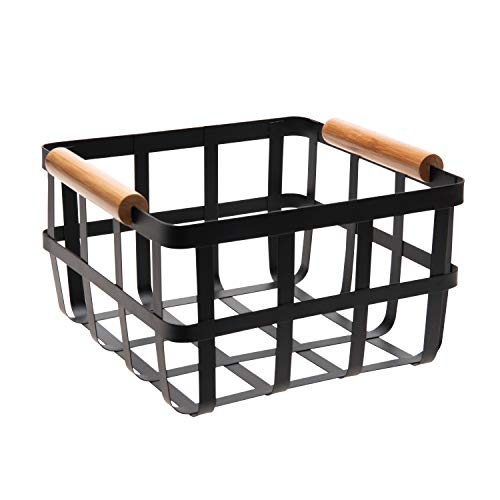 Simplify Square Metal Storage Basket with Bamboo Handles | Medium | Farmhouse Style Wire Basket | Home Organizer | Decorative | Rustic | Black