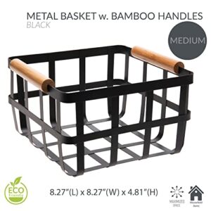 Simplify Square Metal Storage Basket with Bamboo Handles | Medium | Farmhouse Style Wire Basket | Home Organizer | Decorative | Rustic | Black