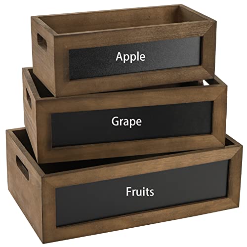 Cedilis Set of 3 Rustic Brown Wood Nesting Storage Crates with Chalkboard Front Panel and Cutout Handle, Distressed Decorative Rustic Crates Storage Container for Party, Office, Bedroom, Kitchen, Closet