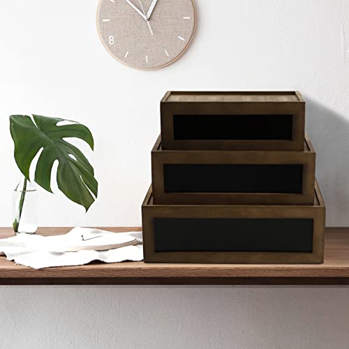 Cedilis Set of 3 Rustic Brown Wood Nesting Storage Crates with Chalkboard Front Panel and Cutout Handle, Distressed Decorative Rustic Crates Storage Container for Party, Office, Bedroom, Kitchen, Closet