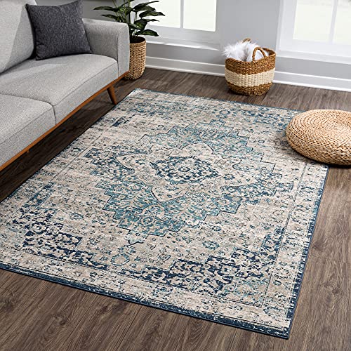 Bloom Rugs Traditional Blue Gray Area Rug - Vintage Boho 6x9 Rug for Living Room, Bedroom and Kitchen (6'6" x 9')