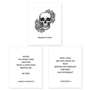 Stoic Wall Art Collection - Marcus Aurelius, Memento Mori, Epictetus Quotes - Stoicism Wisdom Set of 3 Prints - 8x10 - Unframed