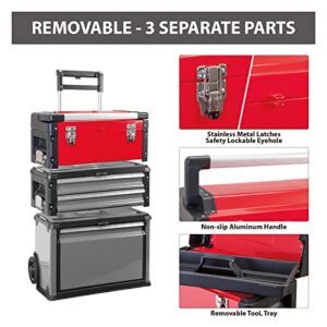 BIG RED TRJF-C305ABD Torin Garage Workshop Organizer: Portable Steel and Plastic Stackable Rolling Upright Trolley Tool Box with 3 Drawers, Red