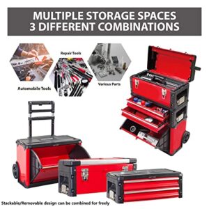 BIG RED TRJF-C305ABD Torin Garage Workshop Organizer: Portable Steel and Plastic Stackable Rolling Upright Trolley Tool Box with 3 Drawers, Red