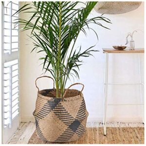 BeeGreeny Seagrass Belly Basket | Black Diamond Handwoven Foldable Storage Basket with Handles for Laundry, Picnic, Pot Cover, Decor | Natural, Eco-Friendly Household Items