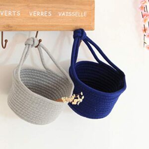 Wakauto Woven Hanging Basket Cotton Rope Storage Basket Sundries Organizer Round Container- 7 x 7 Small Hang Basket for Key, Sunglasses, Wallet on Door(Grey)