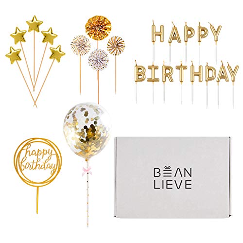 BEAN LIEVE Birthday Candles Set - Cake Topper Decoration with Cake Candles Confetti Balloon Stars and Fan Cupcake Toppers 12 Pieces Birthday Cake Decor for Birthday Party Celebration (Gold)