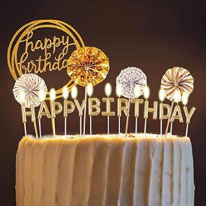 BEAN LIEVE Birthday Candles Set - Cake Topper Decoration with Cake Candles Confetti Balloon Stars and Fan Cupcake Toppers 12 Pieces Birthday Cake Decor for Birthday Party Celebration (Gold)