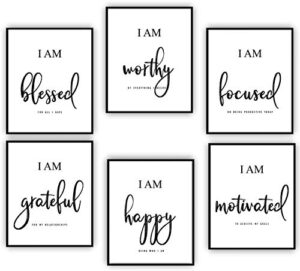 inspirational wall art – motivational wall art – office & bedroom wall decor – positive quotes & sayings – daily affirmations for men, women & kids – black & white poster prints (8x10, set of 6, no frame)