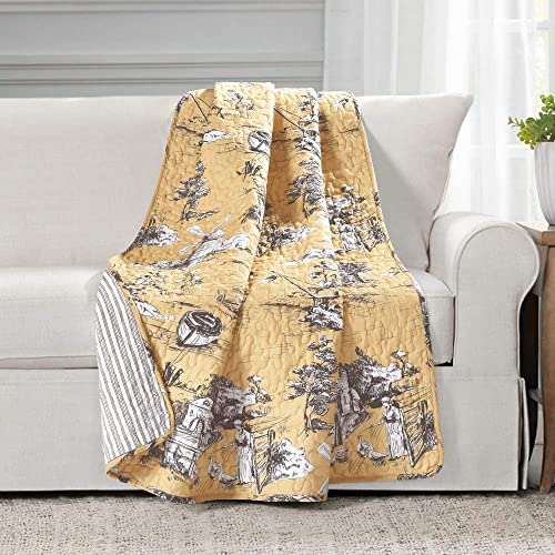 Lush Decor French Country Toile Cotton Reversible Throw Blanket, Yellow & Gray, 60" x 50"