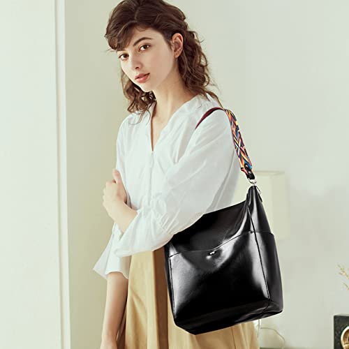 BROMEN Handbags for Women Leather Hobo Bags Designer Shoulder Bucket Crossbody Purse Black