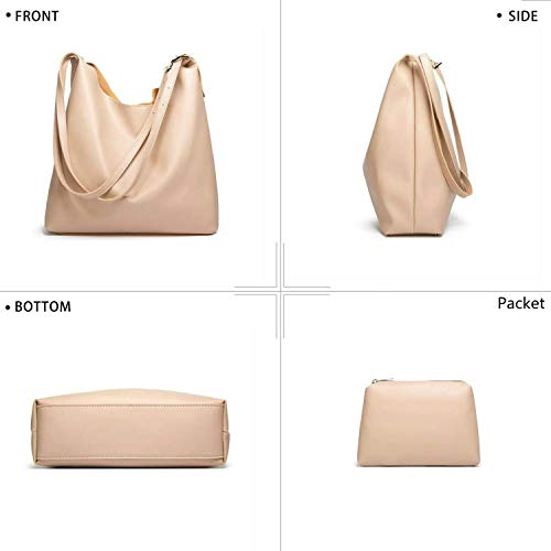 Women Fashion One Shoulder Bag Soft Pu Leather Hobo bag Set 2pcs Wallets (Apricot)