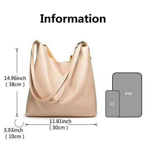 Women Fashion One Shoulder Bag Soft Pu Leather Hobo bag Set 2pcs Wallets (Apricot)
