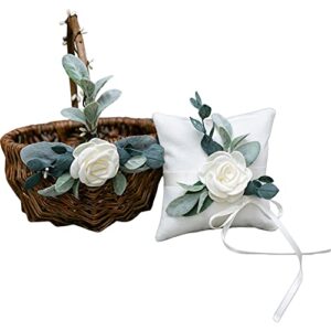 willow flower girl basket & ring pillow set – rustic flower girl basket and ring cushion – wedding basket w/greenery decor – flower girl basket set by ragga wedding