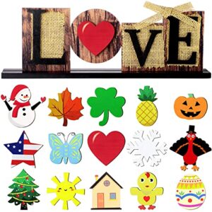 Interchangeable Love Sign Home Decor with 15 Pieces Seasonal Icons Wood Letter Table Standing Desk Sign for Valentine's Day Living Room Fireplace Home Decoration