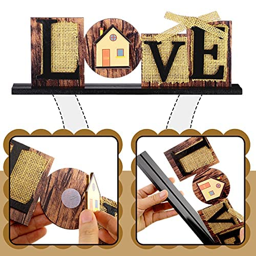 Interchangeable Love Sign Home Decor with 15 Pieces Seasonal Icons Wood Letter Table Standing Desk Sign for Valentine's Day Living Room Fireplace Home Decoration