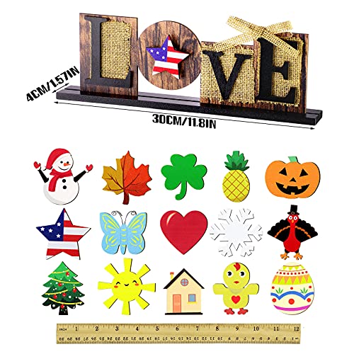 Interchangeable Love Sign Home Decor with 15 Pieces Seasonal Icons Wood Letter Table Standing Desk Sign for Valentine's Day Living Room Fireplace Home Decoration