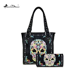 Montana West Sugar Skull Concealed Carry Tote and Wallet Set MBB-MW494G-8113-W002-BK-MUTI