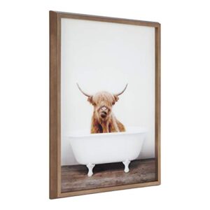 kate and laurel blake highland cow in tub framed printed glass art by amy peterson, 18×24 dark gold, beautiful modern glass wall art for home