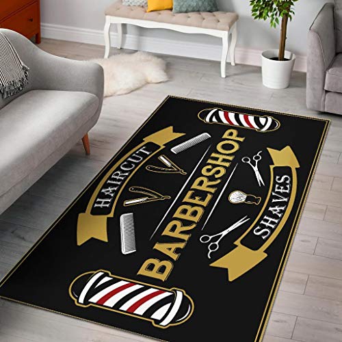 Barber Rug Barber Shop Haircut and Shave Black Full Size Area Rug for Living Dinning Room Bedroom Kitchen, Nursery Rug Floor Carpet Yoga Mat