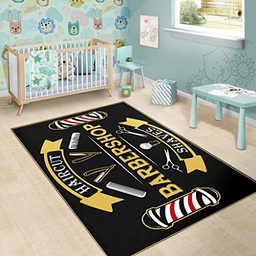 Barber Rug Barber Shop Haircut and Shave Black Full Size Area Rug for Living Dinning Room Bedroom Kitchen, Nursery Rug Floor Carpet Yoga Mat