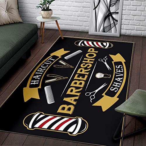 Barber Rug Barber Shop Haircut and Shave Black Full Size Area Rug for Living Dinning Room Bedroom Kitchen, Nursery Rug Floor Carpet Yoga Mat