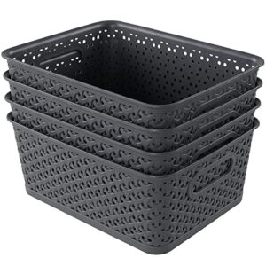 obstnny plastic weave storage basket grey, pantry organization basket bin, 4 packs, 9.91″ x 7.6″ x 4.05″