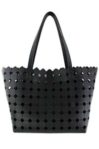 perforated east west tote bag, shoulder bag, detachable pouch (black)