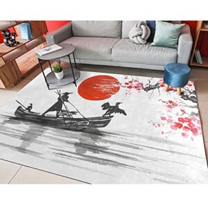 alaza japanese painting mountain landscape sun cherry tree non slip area rug 5′ x 7′ for living dinning room bedroom kitchen hallway office modern home decorative