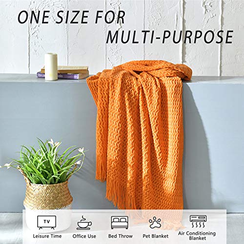 JUDYBRIDAL Knitted Throw Blanket Couch Cover Blanket Textured Solid Decorative Blanket with Tassel for Sofa Bed Travel,50 x 60, Orange