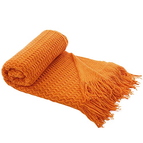 JUDYBRIDAL Knitted Throw Blanket Couch Cover Blanket Textured Solid Decorative Blanket with Tassel for Sofa Bed Travel,50 x 60, Orange