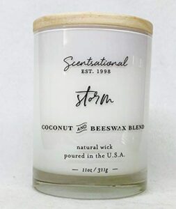 natural coconut + beeswax scented candle storm (in cursive) in glossy white jar with wooden lid, 11 oz.