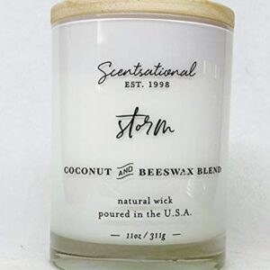 Natural Coconut + Beeswax Scented Candle Storm (in Cursive) in Glossy White Jar with Wooden Lid, 11 Oz.