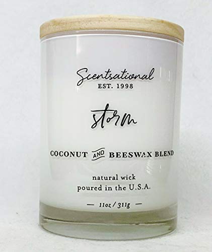 Natural Coconut + Beeswax Scented Candle Storm (in Cursive) in Glossy White Jar with Wooden Lid, 11 Oz.