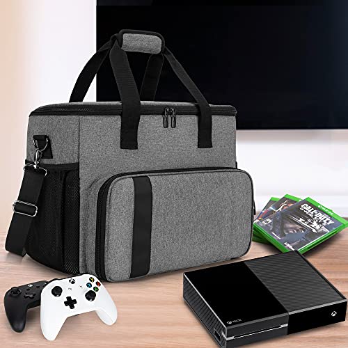 CURMIO Travel Carrying Case Compatible with PS5, PS4, PS4 Pro / Xbox Series S, Xbox One, One S, One X and Xbox 360, Game Storage Bag for Console, Controller and Accessories, Gray (Bag Only, Patented Design)