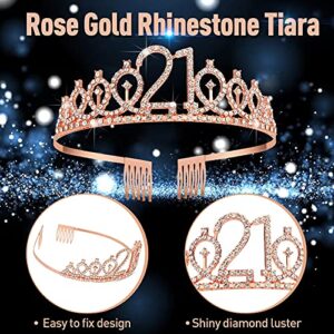 Finally 21 Sash Rhinestone Tiara Set 21st Rose Gold Birthday Sash Crown Birthday Candles Birthday Crown Kit for Women 21st Birthday Party Decoration Anniversary Celebration Supplies