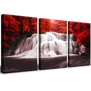 cerlmland waterfall – wall art painting black white red landscape canvas wall art 3 pieces,red trees forest picture prints for home-office – canvas art wall art for living room 12x16inchx3pcs