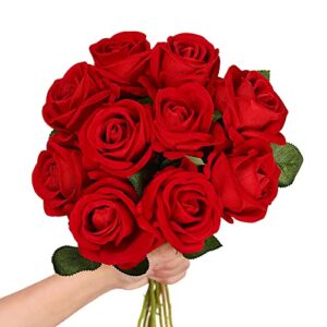 luyue 10 pack artificial velvet roses fake red rose silk flowers with stem floral gift for wedding arrangement party home decor-red