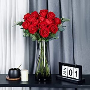 Luyue 10 Pack Artificial Velvet Roses Fake Red Rose Silk Flowers with Stem Floral Gift for Wedding Arrangement Party Home Decor-Red