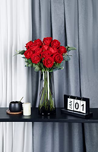 Luyue 10 Pack Artificial Velvet Roses Fake Red Rose Silk Flowers with Stem Floral Gift for Wedding Arrangement Party Home Decor-Red