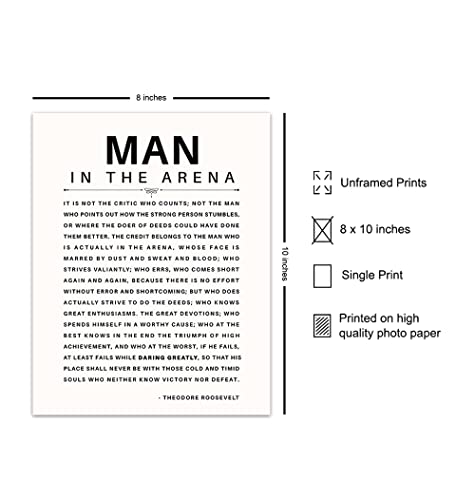 Man in the Arena Quote Poster - 8x10 Motivational Inspirational Teddy Roosevelt Daring Greatly Wall Art Decor - Unique Gift for Men, Boys, Teens, Entrepreneur - For Office, Living Room, Bedroom