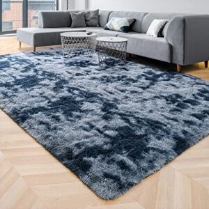 iseau super soft rugs for bedroom shaggy area rug, 4×6 feet tie-dye shaggy area rug fluffy rugs for living room, non-slip abstract fuzzy rugs dorm shag rugs for girls boys kids room, dark blue
