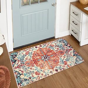 lahome bohemian floral medallion area rug – 2×3 oriental distressed small bath rug country vintage doormat faux wool non-slip washable low-pile carpet for bathroom kitchen laundry room decor