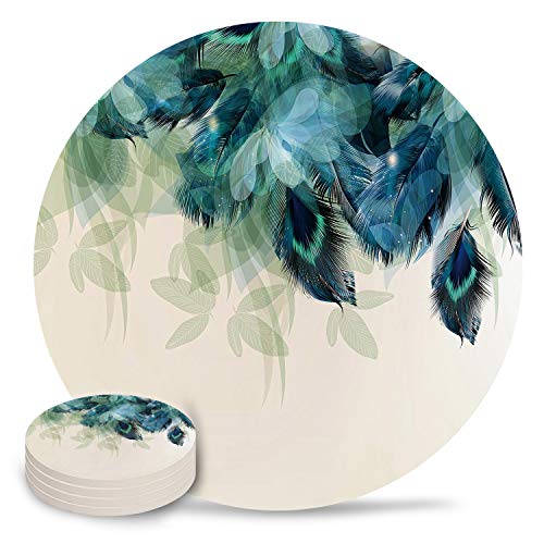 Set of 4 Coasters for Drinks Absorbing Round Ceramic Stone Coaster with Cork Base,Peacock Feather Teal Blue Turquoise Floral Green Leaf Coffee Table Coasters