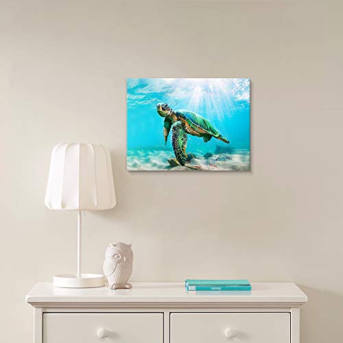 JAPO ART Green Sea Turtle Wall Decor Tropical Canvas Wall Art Prints Hawaii Turtle Picture Gift Florida Sea Life Teal Watercolor Ocean Animal Painting Small Framed Pictures for Bathroom Living Room Office Decor 16x12 Inch