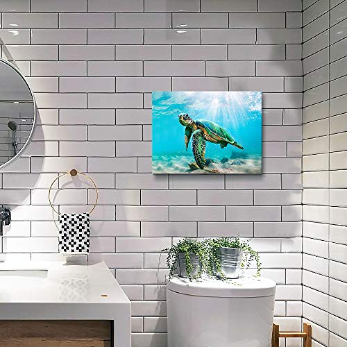 JAPO ART Green Sea Turtle Wall Decor Tropical Canvas Wall Art Prints Hawaii Turtle Picture Gift Florida Sea Life Teal Watercolor Ocean Animal Painting Small Framed Pictures for Bathroom Living Room Office Decor 16x12 Inch