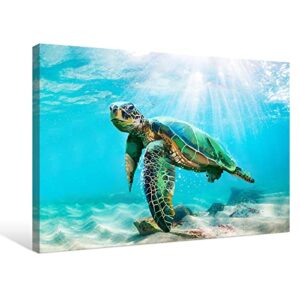 JAPO ART Green Sea Turtle Wall Decor Tropical Canvas Wall Art Prints Hawaii Turtle Picture Gift Florida Sea Life Teal Watercolor Ocean Animal Painting Small Framed Pictures for Bathroom Living Room Office Decor 16x12 Inch