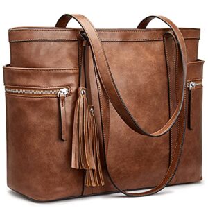 s-zone women leather tote bag multi-pocket large shoulder purse ladies work handbag with tassel
